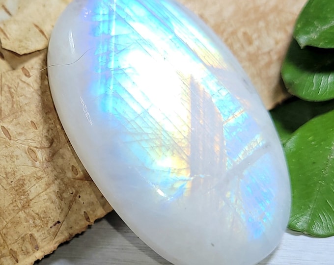 Natural Premium AAA Grade Rainbow Moonstone Oval 40Ct Cabochon Wire Wrapping, Weaving, or Pendant 33mm x 20mm Gift for Her, Collector