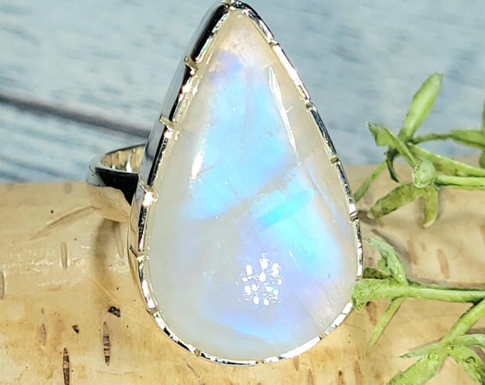Rainbow Moonstone Ring, Moonstone Ring, Moonstone Sterling Silver Ring Size 8.75, Statement Ring, Handmade Ring, Boho Ring, Gift for Her, JB