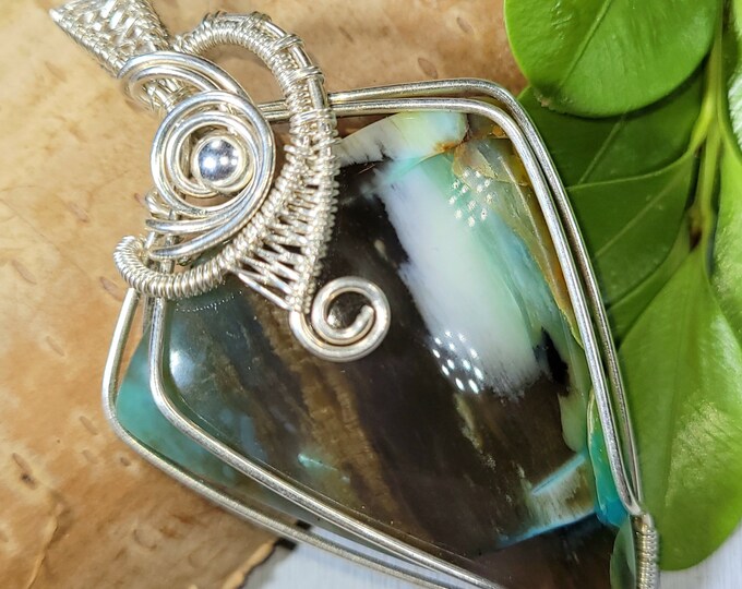Blue Opalized Wood Pendant, Petrified Wood Sterling Silver Wire Wrapped Pendant, Handmade Pendant, Statement Pendant, FE06