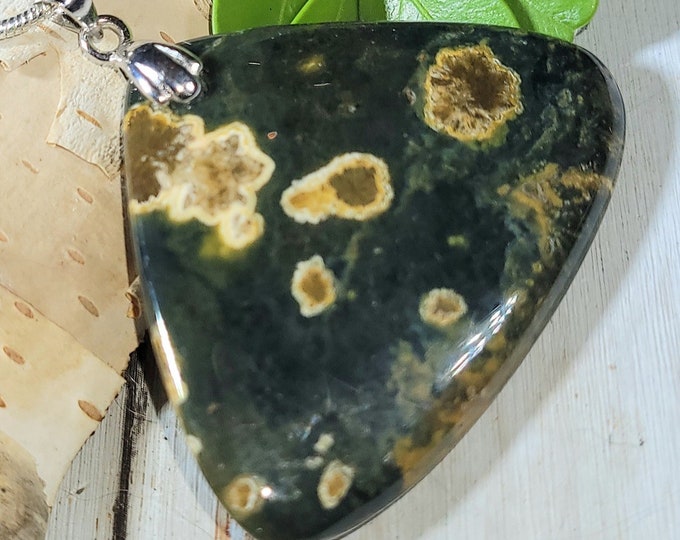 Natural Top Choice Ocean Jasper Cabochon .925 Sterling Silver Pendant 1 5/8" x 1 5/8" EM32 Custom Rhodium Plated Bail