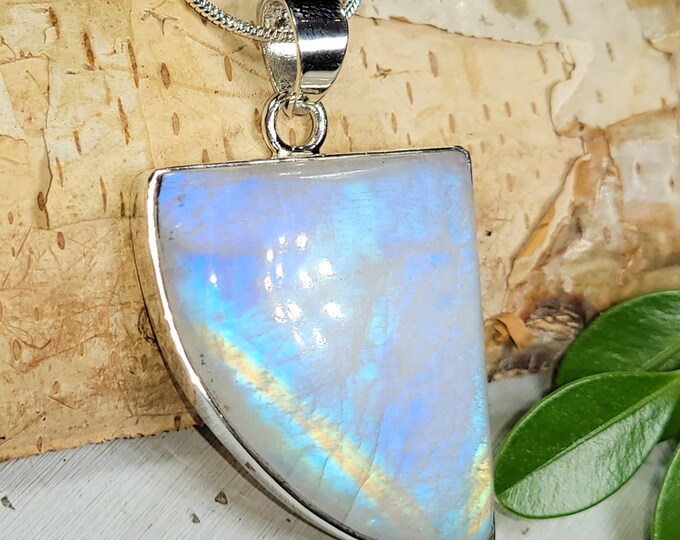 Natural AAA Grade Multi Full Flash Rainbow Moonstone .925 Sterling Silver Pendant Measures 1 7/8" x 1 1/8" Weighs 15 Grams CA34