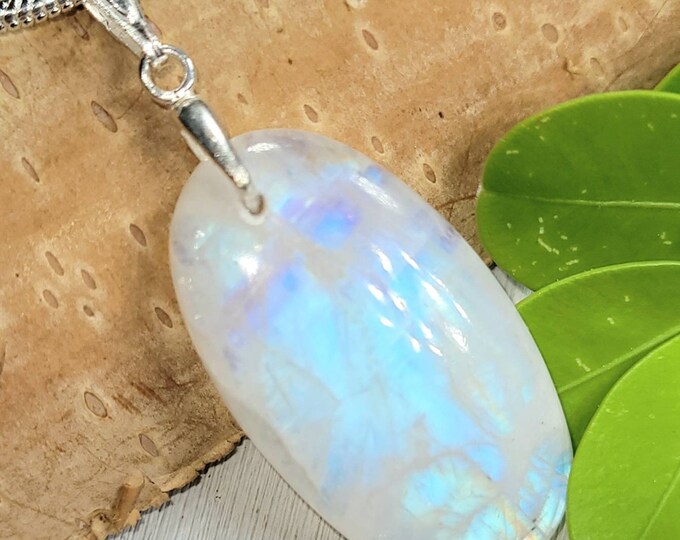 Moonstone Pendant, Blue Flash Moonstone Oval Cabochon Sterling Silver Pendant, Gift for Her, Handmade Pendant, FD37