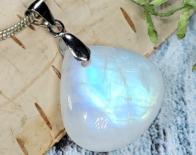 Blue Flash Moonstone Pear Pendant: Sterling Silver Handmade Jewelry