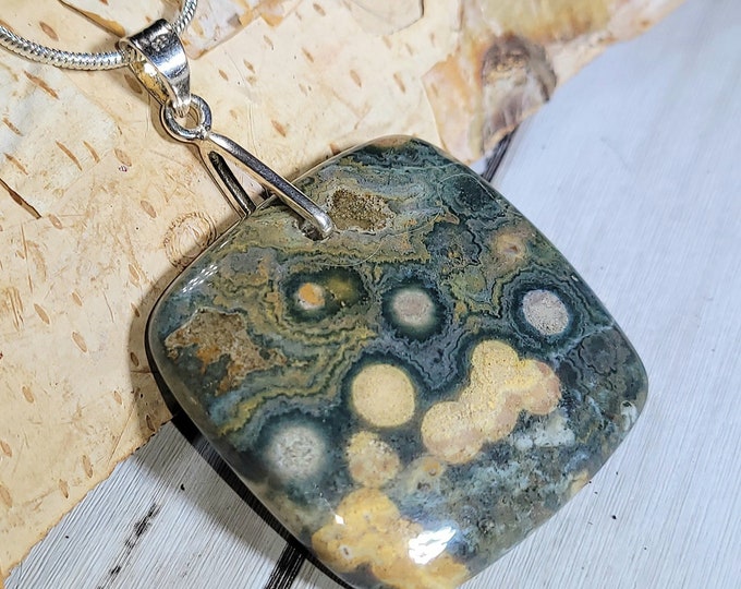 Natural Premium Grade Ocean Jasper Square Cabochon .925 Sterling Silver Pendant Bead Measures 1 7/8" x 1 1/8 AC23 Heavy Duty Bail