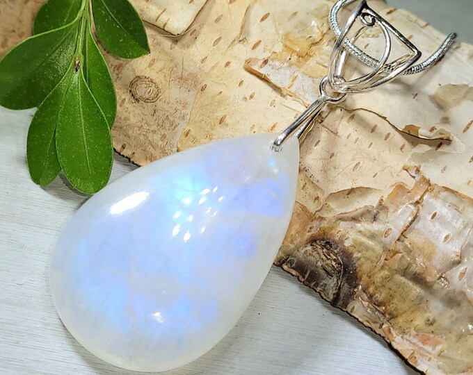 Natural High Grade Rainbow Moonstone Pear Cabochon .925 Sterling Silver Pendant Designer Bail 2 1/2" x 1" AJ11