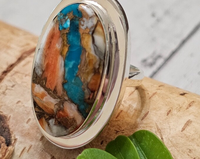 Spiny Oyster Turquoise Ring with Copper, Spiny Oyster Turquoise .925 Sterling Silver Ring, Size 7.25 Spiny Oyster Turquoise Ring.