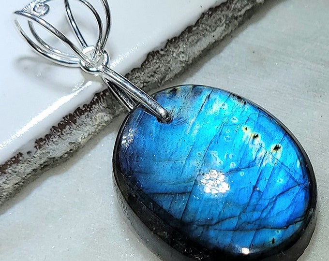 Natural AAA Grade Blue Flash Labradorite Oval Cabochon  .925 Sterling Silver Pendant 2 1/8" x 1" ED10 Heavy Duty Designer Bail