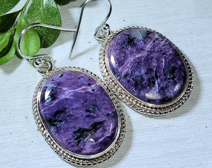 Natural Top Grade Charoite Handmade Oval .925 Sterling Silver Earrings 13 Grams 1 3/4" x 13/16" AQ35