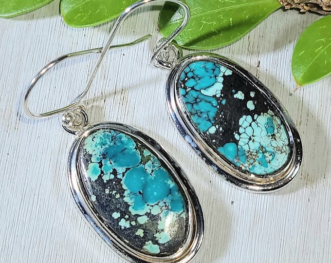 Natural High Grade Tibet Turquoise .925 Sterling Silver Earrings 8 Grams 1 9/16" x 1/2" ET13