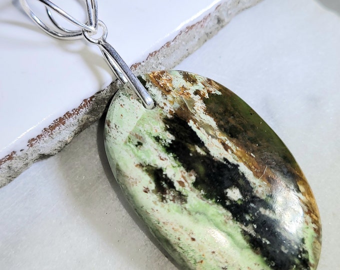 Natural Chrome Chalcedony Cabochon .925 Sterling Silver Pendant 2 1/2" x 1" EG28 Sterling Silver Designer Bail