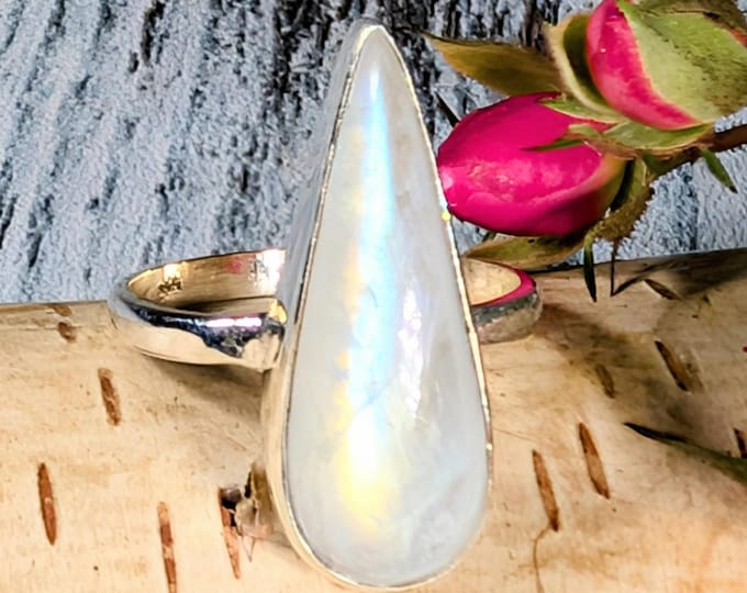 Rainbow Moonstone Sterling Silver Ring; Pear Multi Flash Moonstone Ring, Size 10, KA21