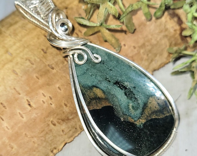 Blue Opalized, Petrified Wood Wire Wrapped .925 Silver Pendant, Sterling Silver Blue Petrified Pendants, Blue Opalized Wood Pendant HN02