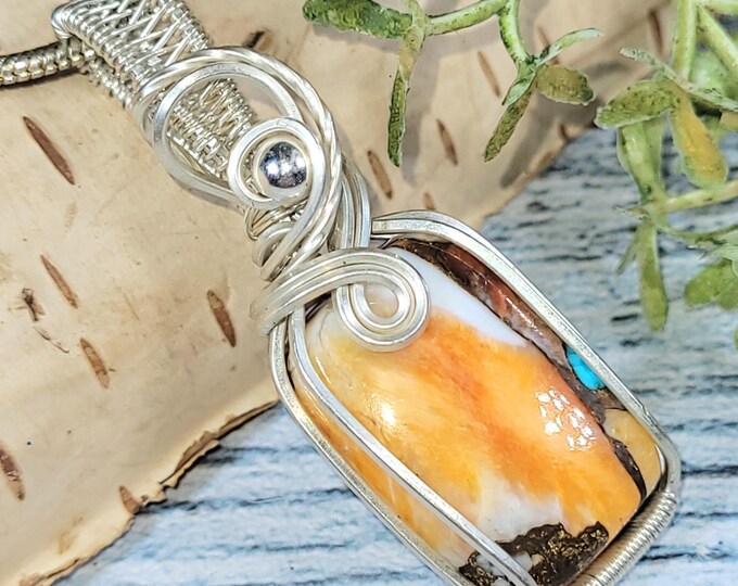 Spiny Copper Oyster Turquoise Sterling Silver Pendant: Handmade Wire Wrapped Jewelry, JF32