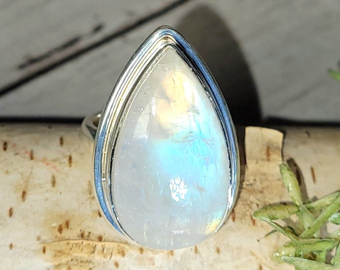 Rainbow Moonstone Sterling Silver Ring - Handmade Pear Stone, Size 6.5