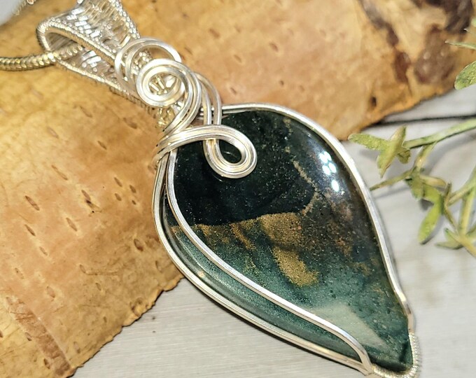 Multi-Colored Common Opalized Wood Pendant, Blue Common Opalized Wood Wire Wrapped Sterling Silver Pendant, Hand Wire Wrapped Pendant, HM32
