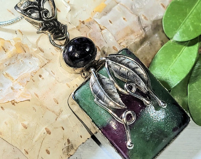 Natural Ruby Zoisite, Charoite .925 Sterling Silver Pendant 10 Grams 1 7/8" x 13/16" U25