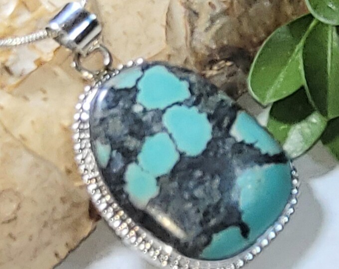 Natural High Grade Tibet Turquoise .925 Sterling Silver Pendant Weighs 8 Grams Measures 1 5/8" x 1" AF40