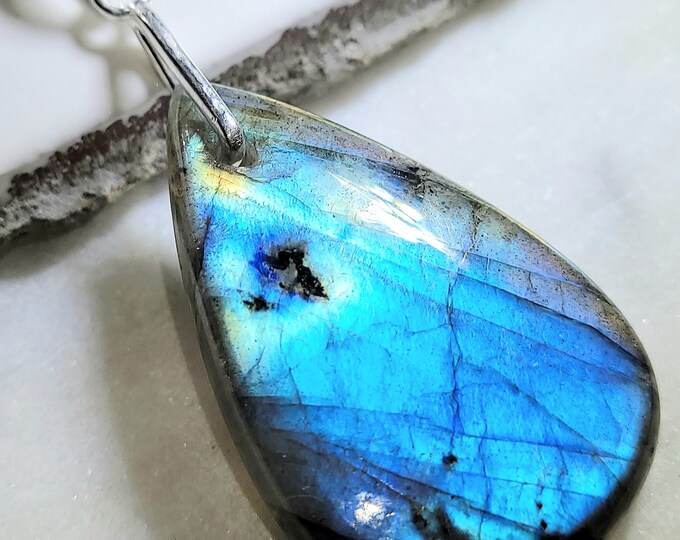 Natural High Grade Blue Flash Labradorite Cabochon .925 Sterling Silver Pendant 2" x 1"  EE11 Sterling Silver Heavy Duty Bail