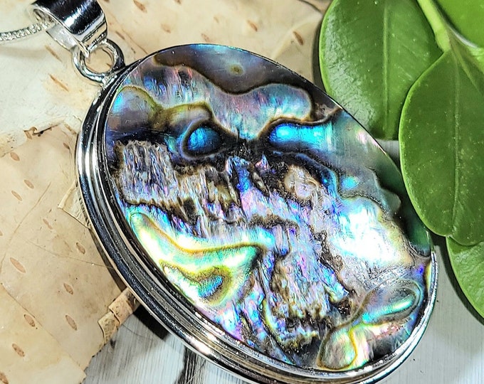 Natural Premium Abalone & .925 Sterling Silver Pendant 2" x 1 1/8" 16 grams ES31