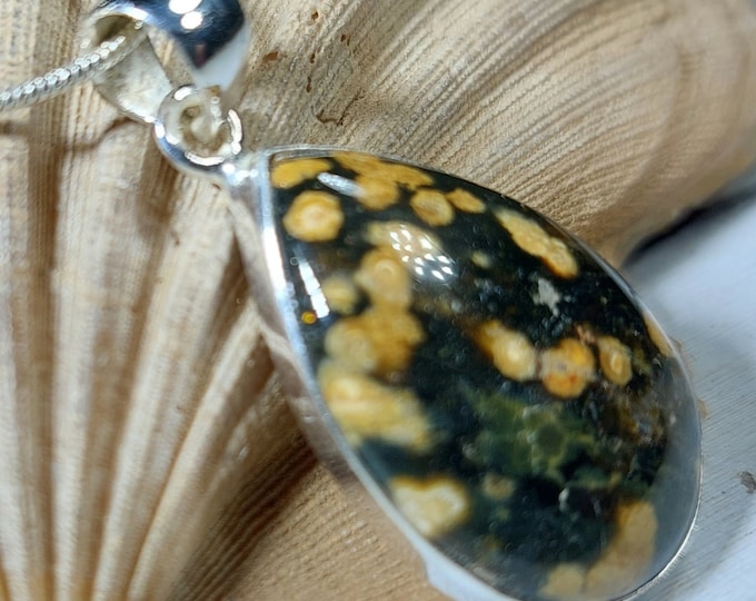 Natural Premium Grade Ocean Jasper Handmade Pear-Shaped Pendant .925 Sterling Silver Setting Pendant GM30