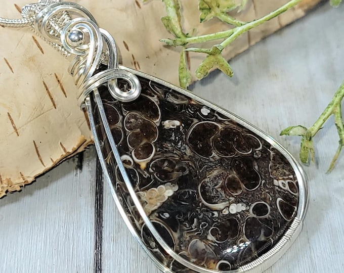 Turritella Jasper Pendant, Turritella Jasper Sterling Silver Wire Wrapped Pendant, Handmade Turritella Wire Wrapped Silver Pendant, HX05