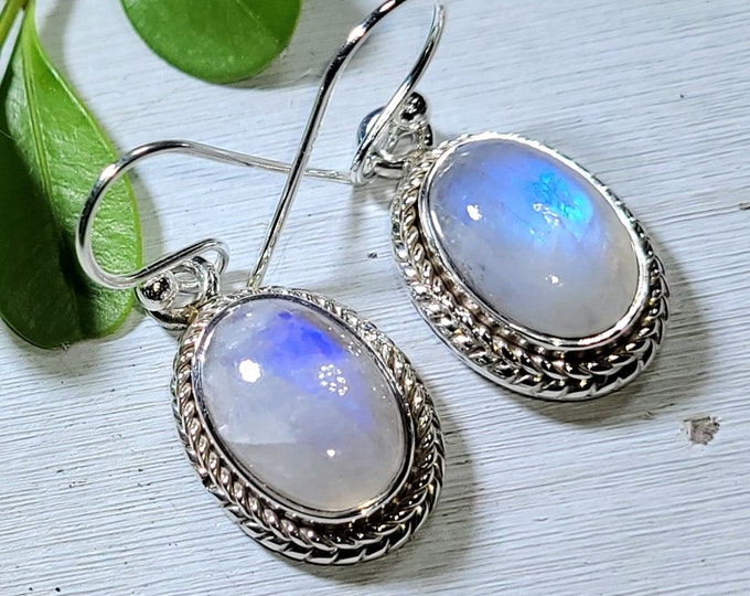 Natural Premium Grade Blue Flash Oval Moonstone Handmade .925 Sterling Silver Earrings 6 Grams 1 1/4" x 1/2" AR05