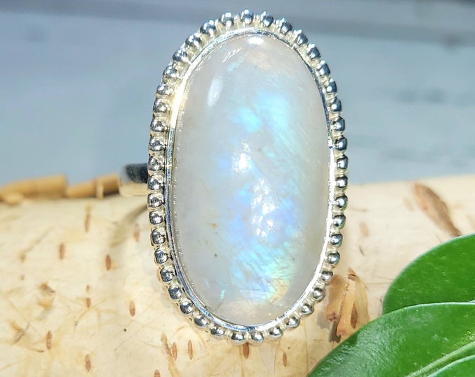 Natural Premium Grade Oval Rainbow Moonstone Handmade .925 Sterling Silver Ring Size 8.5 Genuine High Quality Moonstone DD Gift for Her