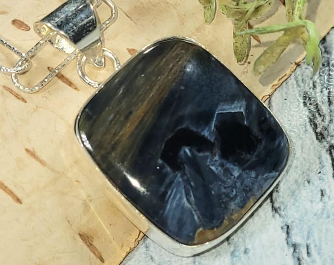 Handmade Pietersite Sterling Silver Pendant: Square Gemstone Statement Jewelry