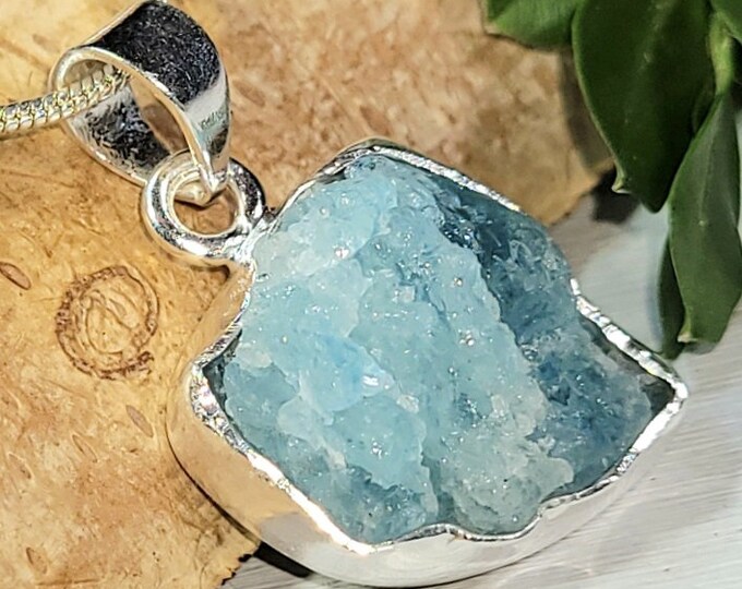 Natural Genuine Raw Aquamarine Rough Cut Handcrafted  .925 Sterling Silver Pendant Gift for Her Natural Genuine Aquamarine CH34