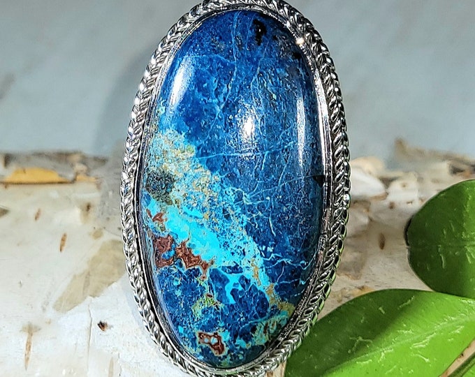 Natural High Grade Azurite .925 Sterling Silver Ring Size 7.5 11 Grams 1 3/8" x 3/4" EU24