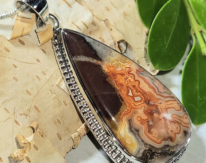 Natural Top Choice Crazy Lace Agate .925 Sterling Silver Pendant 2" x 7/8" 9 Grams EU09