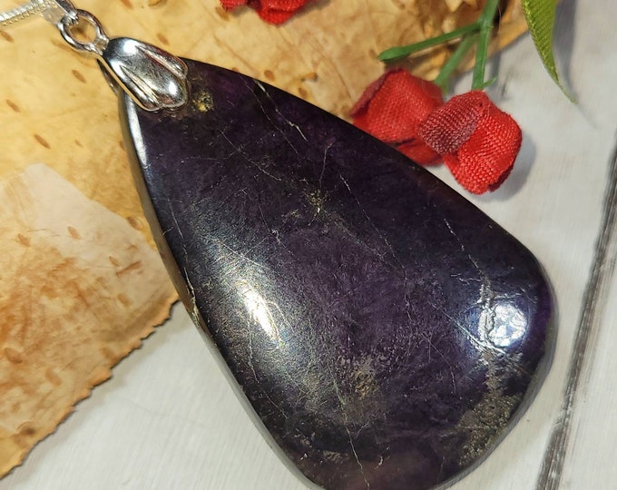 Natural Deep Purple Purpurite Pear Cabochon .925 Sterling Silver Pendant 2 1/4" x 1 1/8" DC05 Solid Sterling Silver Rhodium Plated Bail