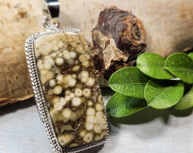 Natural High Grade Ocean Jasper Rectangle Handmade .925 Sterling Silver Pendant 1 7/8" x 3/4" 12 Grams CO04