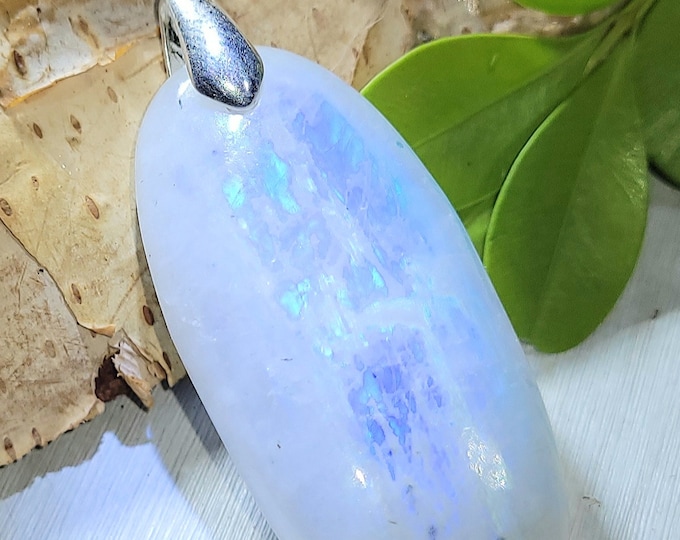 Natural Mid Grade Blue Flash Rainbow Moonstone Oval Cabochon .925 Sterling Silver Bail  2 1/8" x 3/4" AH33