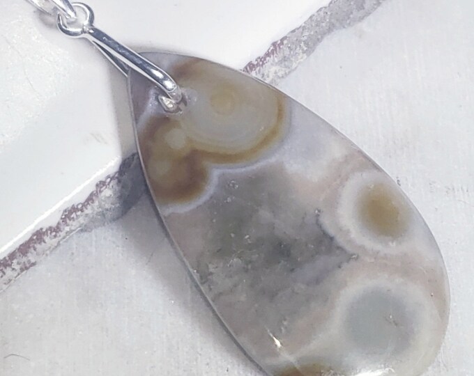 Natural High Grade Ocean Jasper Pear Cabochon .925 Sterling Silver Pendant 2 1/4" x 1" EB36 Heavy Duty Sterling Silver Bail