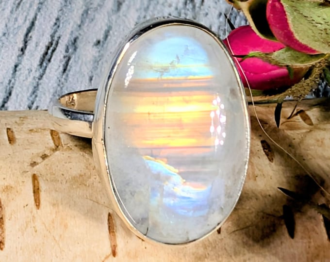 Rainbow Moonstone Sterling Silver Ring, Oval Moonstone Full Multi-Flash Ring, Size 8.5, KA28