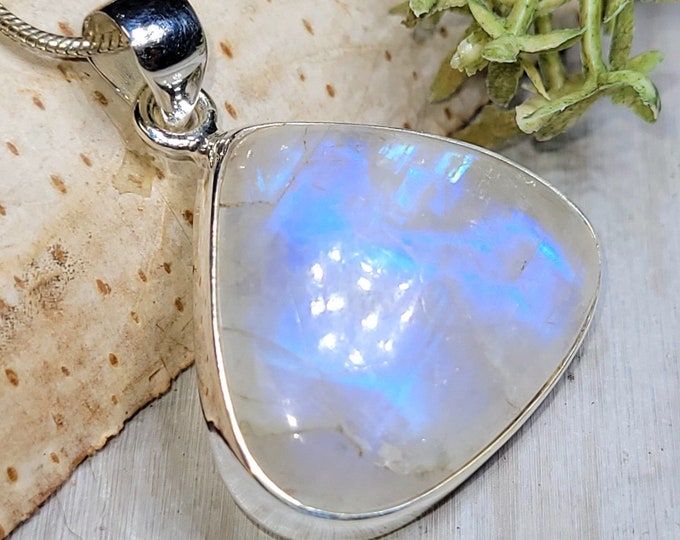 Moonstone Pendant, Rainbow Moonstone Pear Cabochon Sterling Silver Pendant, Blue Flash Moonstone, Gift for Her, Handmade Pendant, HA11