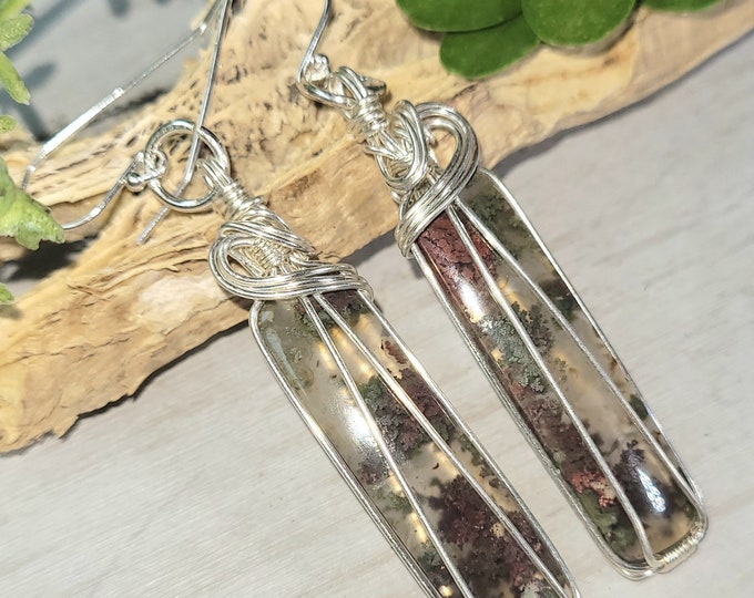 Moss Agate Earrings, Moss Agate Wire Wrapped Earrings, Sterling Silver Wire Wrapped Earrings, Green Moss Agate Wire Wrap Earrings GE08