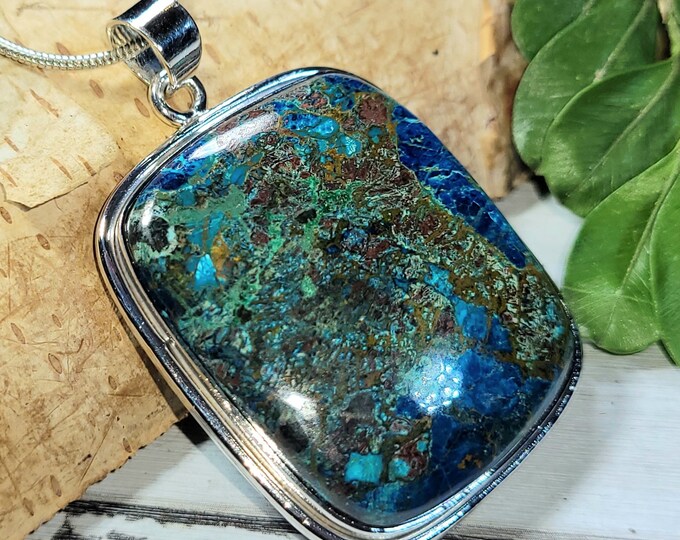 Natural Premium Quality Azurite Rectangle Handmade .925 Sterling Silver Pendant 1 7/8" x 1 1/4" 16 grams CG22 Gift for Her Genuine Stone