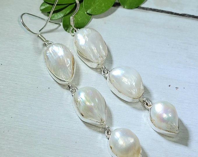 Natural White Freshwater White Pearl  .925 Sterling Silver Earrings 16 Grams 3" x 1/2" L27