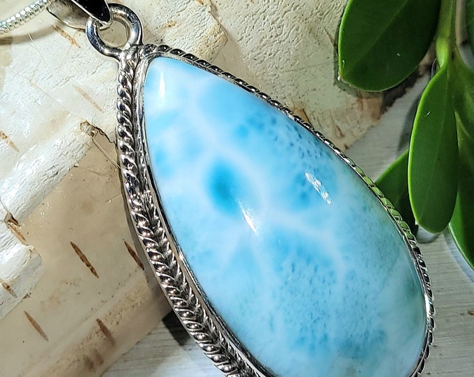 Natural AA Dominican Larimar Handmade .925 Sterling Silver Pendant 2" x 7/8" 13 grams EU34