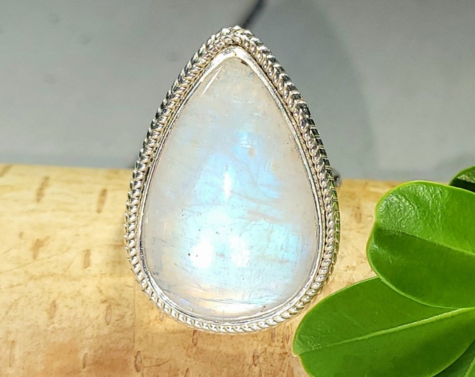 Moonstone Ring, Rainbow Moonstone Sterling Silver Ring, Premium Grade Moonstone Ring, Size 7.25, Statement Ring, Handmade Ring, FJ