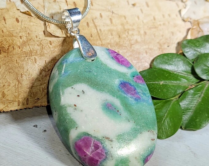 Natural AAA Premium Grade Ruby Fuchsite Oval Cabochon .925 Sterling Silver Pendant Custom Heavy Duty Sterling Silver Bail Gift for Her