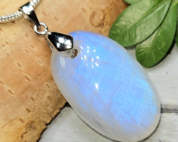 Moonstone Pendant, Rainbow Moonstone Oval Cabochon Sterling Silver Pendant, Full Blue Flash Moonstone, Gift for Her, Handmade Pendant, CR24