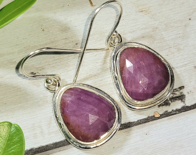 Natural Checkerboard Cut Ruby .925 Sterling Silver Earrings 1 3/8" x 9/16" 7 Grams EK24