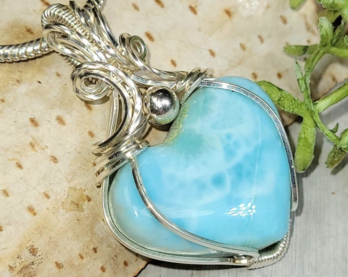 Larimar Pendant, Larimar Hand Wrapped Sterling Silver Pendant, Larimar Heart Sterling Silver Pendant, Statement Pendant, Gift for Her, HC33