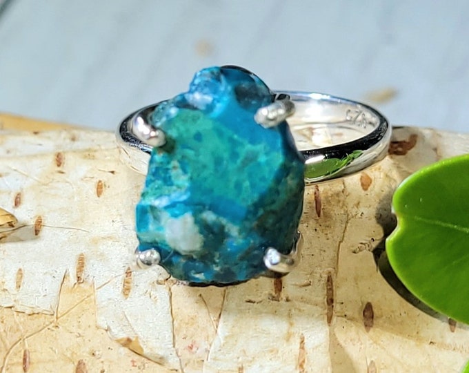 Natural Raw Rough Cut Chrysocolla Handmade .925 Sterling Silver Ring Size 7 3 Grams 9/16" x 3/8" CB03