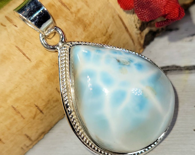 Handmade Pear Larimar Sterling Silver Pendant: Dominican Boho Jewelry