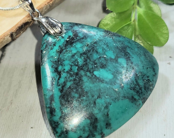 Natural High Grade Spiderweb Turquoise Pear Handmade Cabochon .925 Sterling Silver Pendant 1 7/8" x 1 5/8" CV12 Rhodium Plated Bail