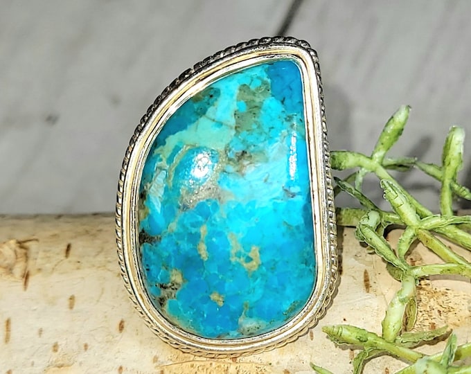 Turquoise Ring, Kingman Arizona Turquoise Ring, Turquoise Sterling Silver Size 7.5, Gift for Her, Statement Ring, Handmade Ring HA